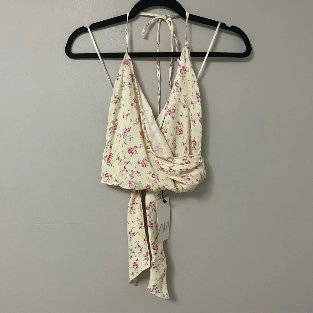 Zara floral draped crisscross cropped halter top